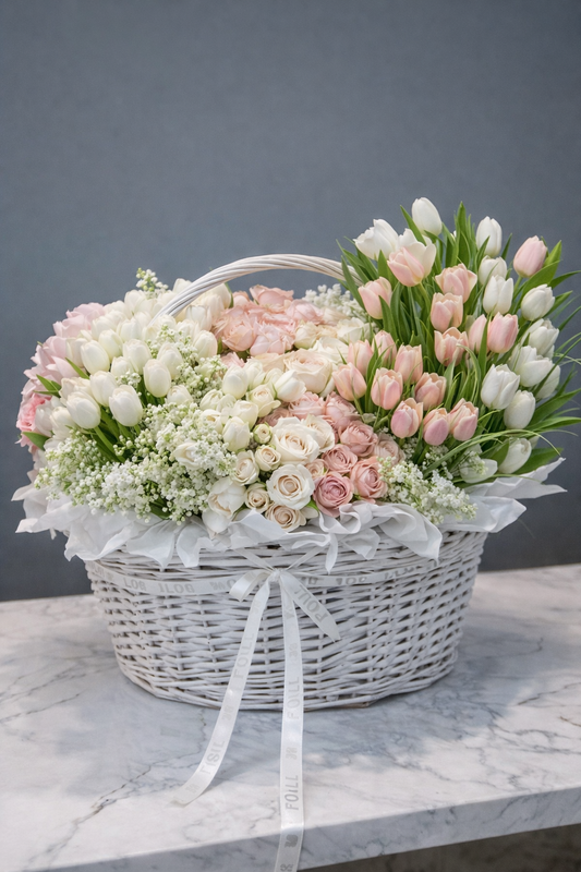 Luxury Pastel Pink Flower Basket – Soft Pink Tulips & Garden Roses | San Diego Florist