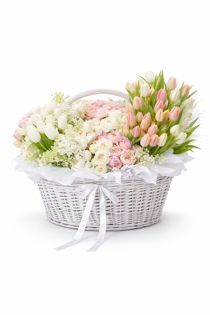 Luxury Pastel Pink Flower Basket – Soft Pink Tulips & Garden Roses | San Diego Florist