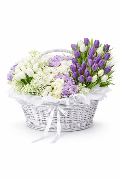 Luxury Pastel Pink Flower Basket – Soft Pink Tulips & Garden Roses | San Diego Florist