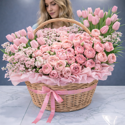Luxury Pastel Pink Flower Basket – Soft Pink Tulips & Garden Roses | San Diego Florist