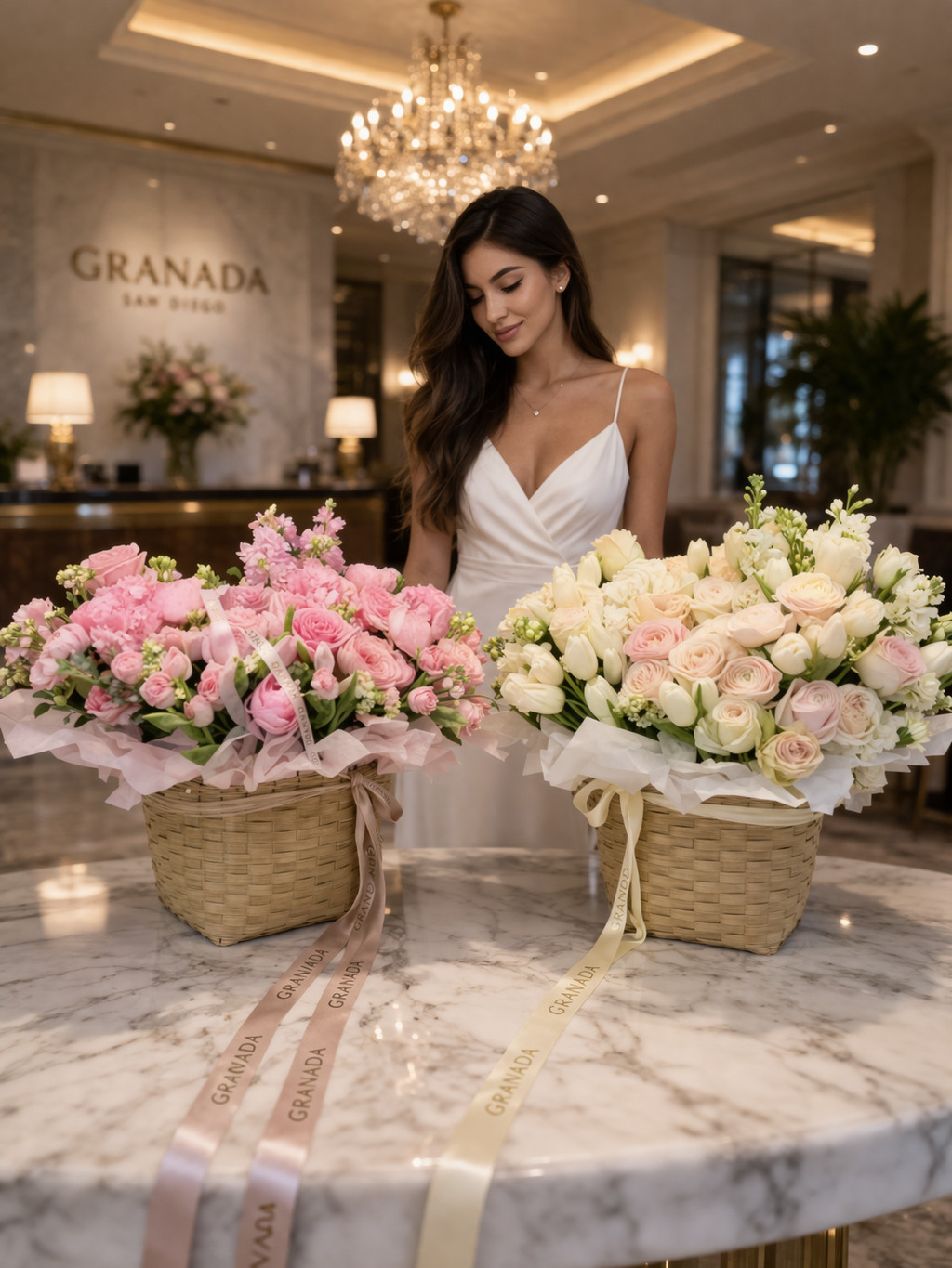 Woman in a white dress standing behind two flower arrangements on a marble counter in a hotel lobby.