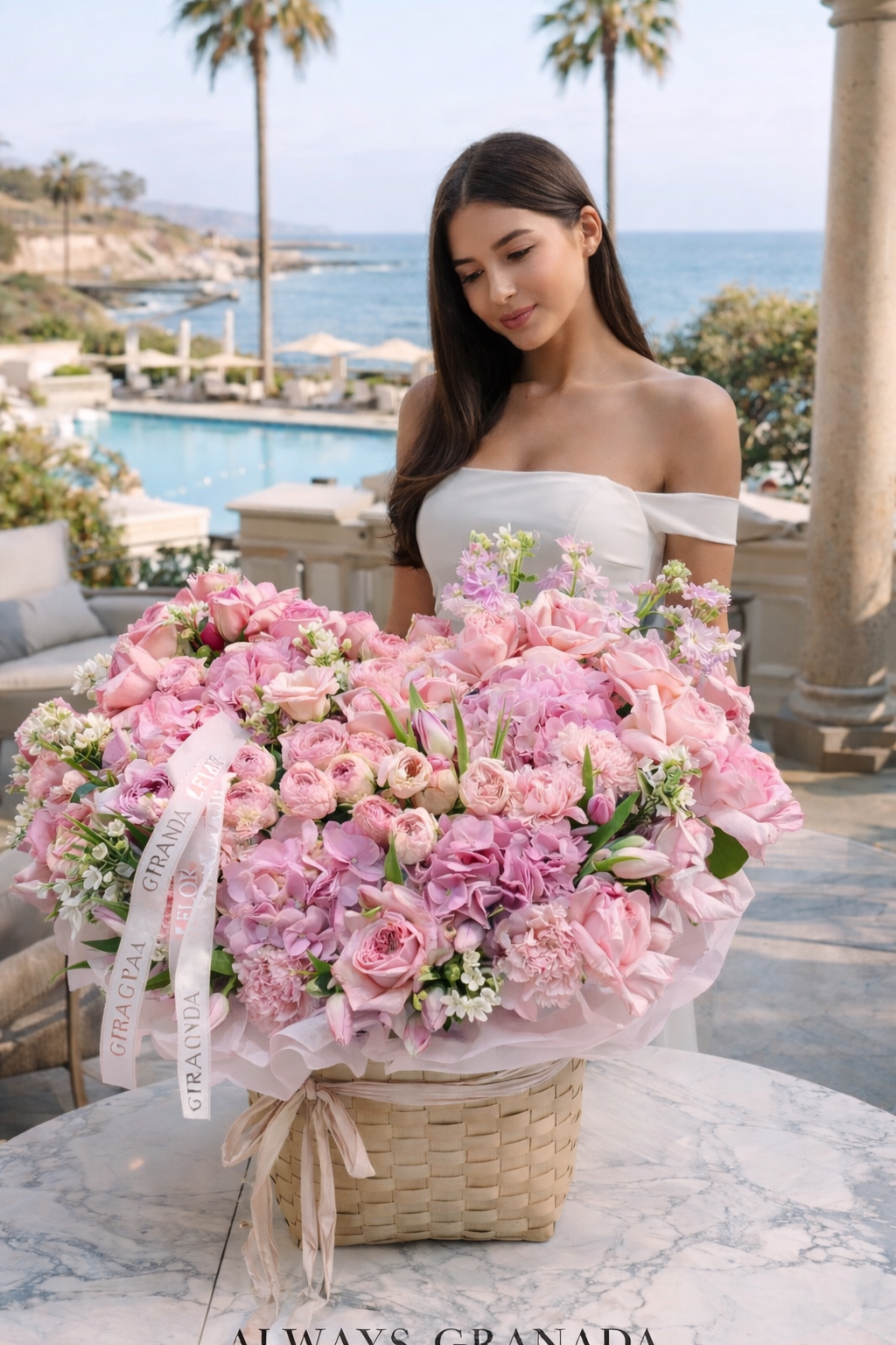 Blush Bloom Basket – Elegant Pink Arrangement with Roses & Seasonal Flowers
