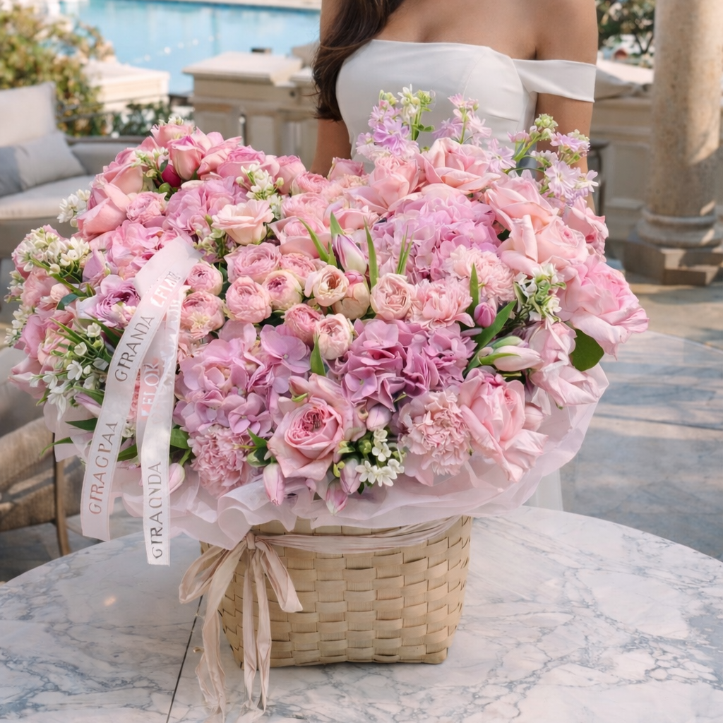 Woman holding a large bouquet of pink flowers with a scenic background.