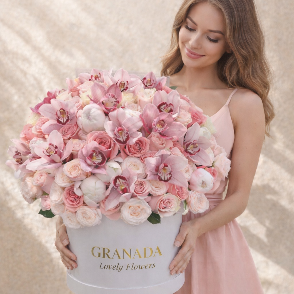 Woman holding a large bouquet of flowers with 'Granada Lovely Flowers' branding.