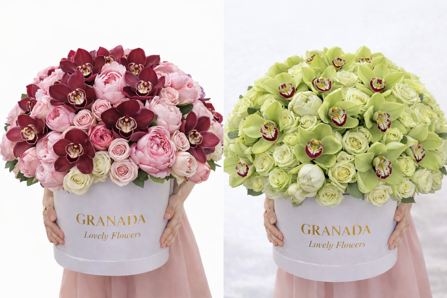 Two flower boxes held by people, one pink and one green, with 'GRANADA Lovely Flowers' branding.
