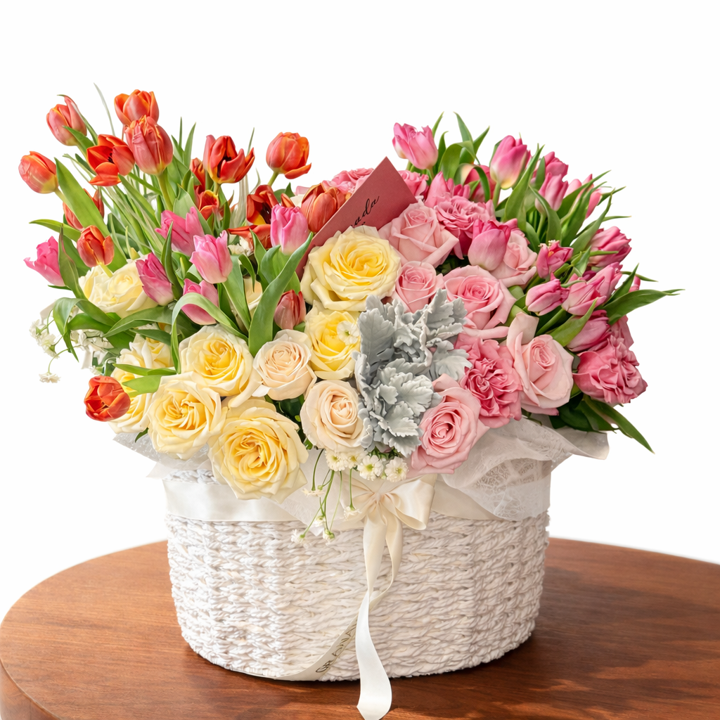 Luxury Pastel Pink Flower Basket – Soft Pink Tulips & Garden Roses | San Diego Florist
