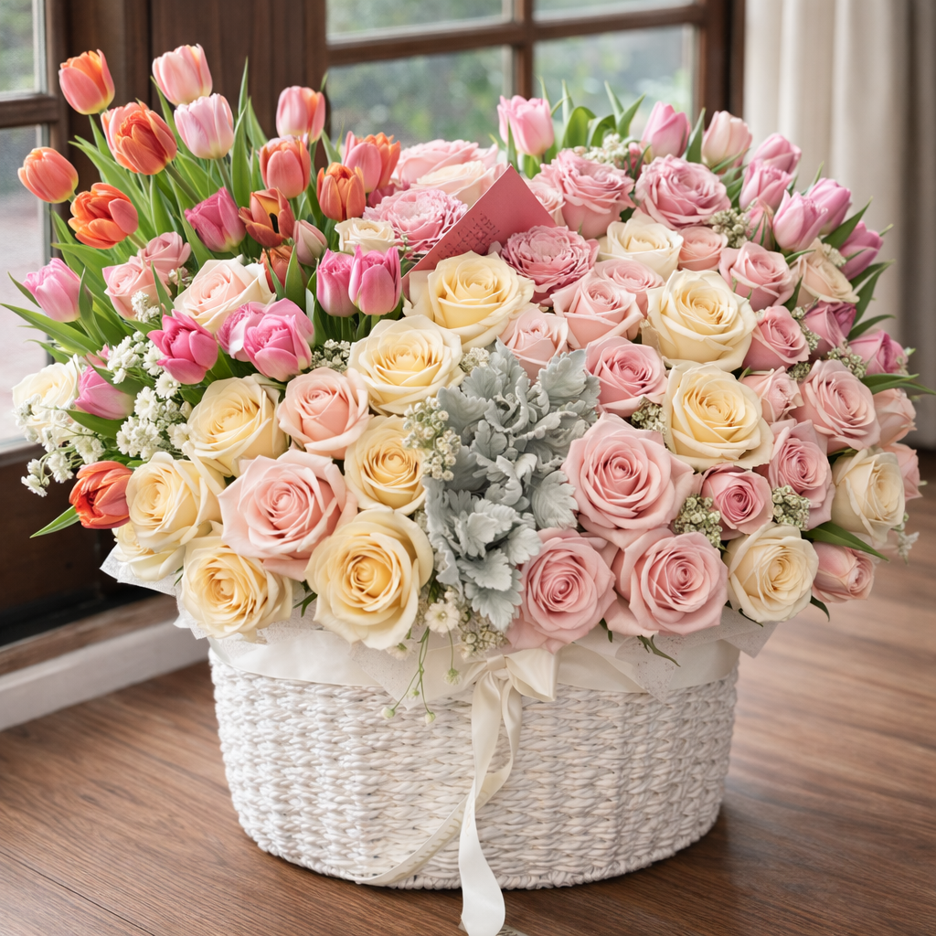Luxury Pastel Pink Flower Basket – Soft Pink Tulips & Garden Roses | San Diego Florist