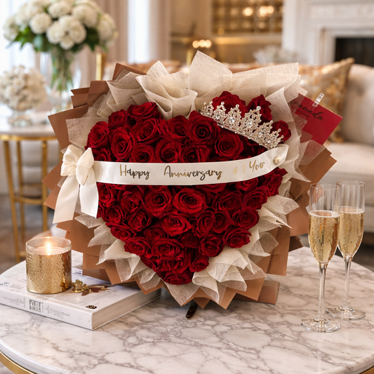 Heart-shaped arrangement of red roses with a tiara on a marble table in a luxurious room.