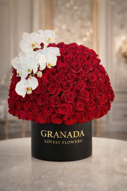 Granada Blush Ombré Rose Box with White Orchids | Luxury Pink Rose Box San Diego