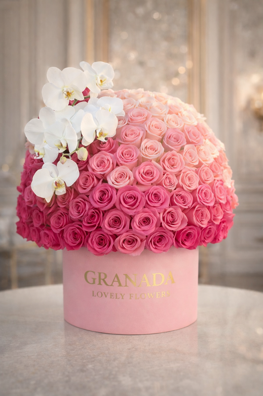 Granada Blush Ombré Rose Box with White Orchids | Luxury Pink Rose Box San Diego