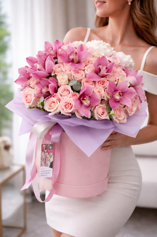 Luxury White & Blush Orchid Flower Box – Premium Roses Arrangement | Same Day Delivery San Diego