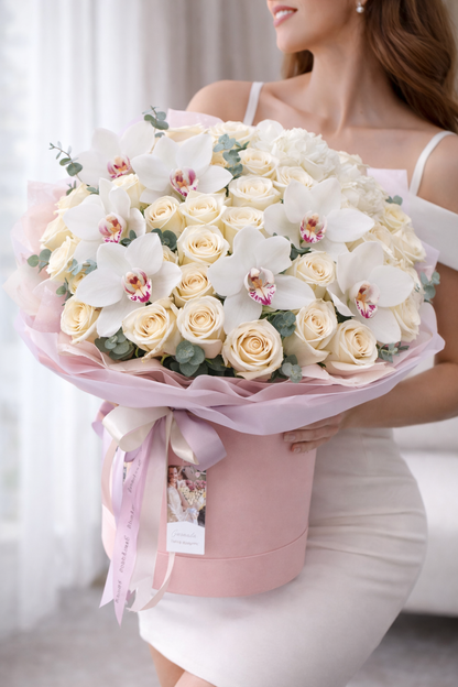 Luxury White & Blush Orchid Flower Box – Premium Roses Arrangement | Same Day Delivery San Diego