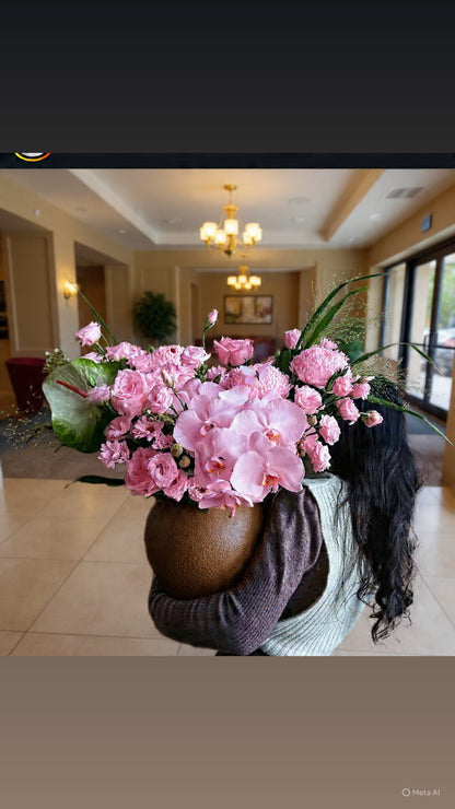 Rustic Luxury Orchid & Rose Designer Arrangement | Wooden Vase | San Diego Same-Day Flower Delivery | Granada Floral bowl