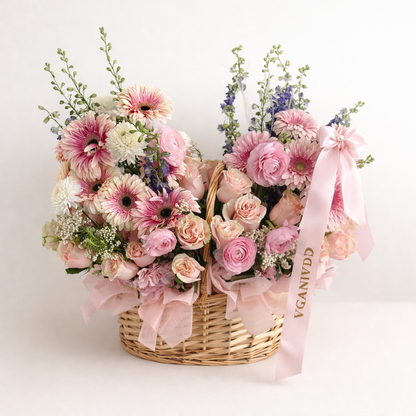 Luxury Pink Floral Basket with Garden Roses & Gerberas – Same-Day Delivery in San Diego