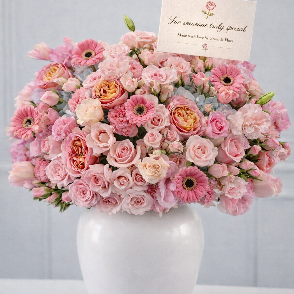 Bouquet of pink flowers in a white vase with a card on a light gray background