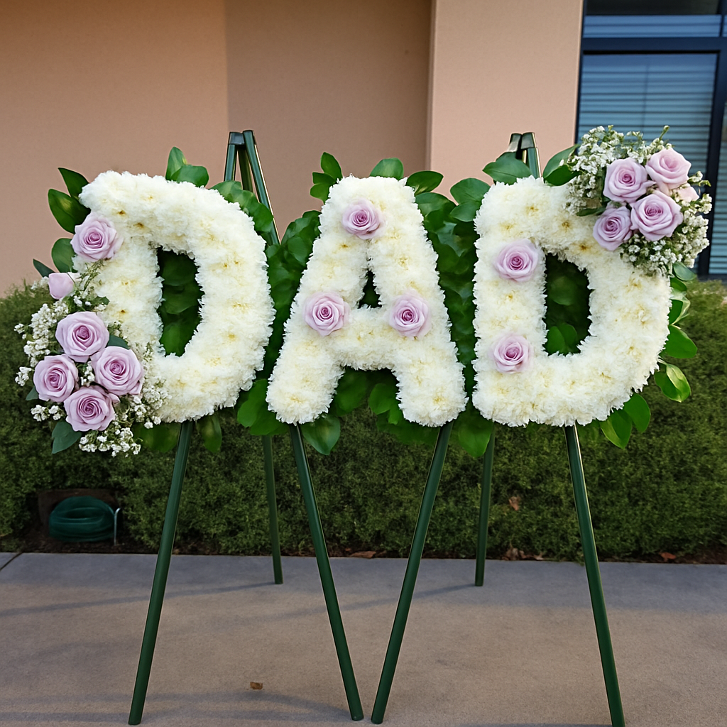 DAD Funeral Standing Spray – Sympathy Floral Tribute in White & Lavender Roses