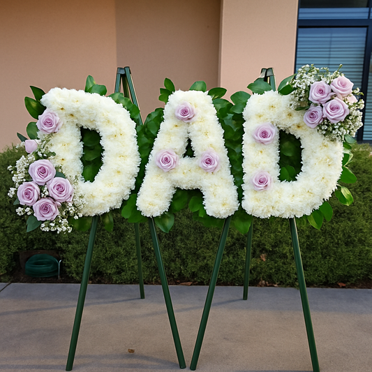 DAD Funeral Standing Spray – Sympathy Floral Tribute in White & Lavender Roses