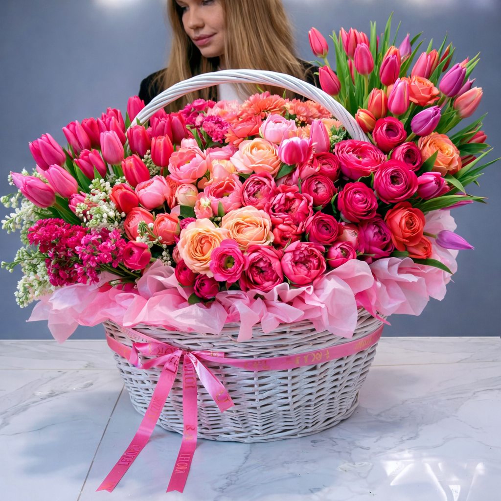Luxury Pastel Pink Flower Basket – Soft Pink Tulips & Garden Roses | San Diego Florist