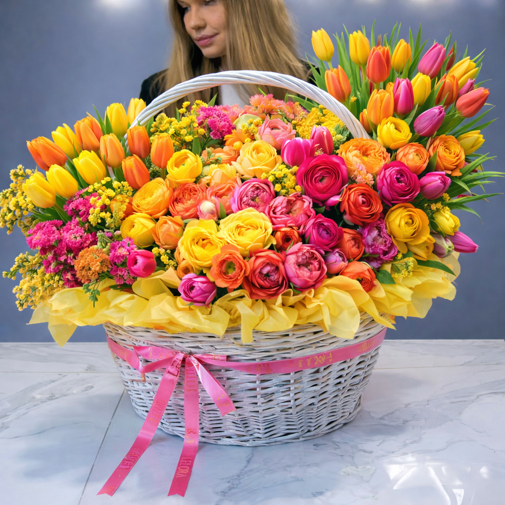 Luxury Pastel Pink Flower Basket – Soft Pink Tulips & Garden Roses | San Diego Florist