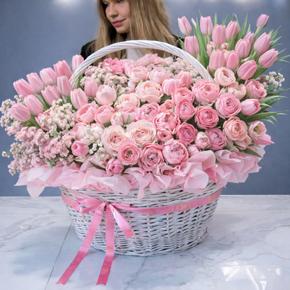Luxury Pastel Pink Flower Basket – Soft Pink Tulips & Garden Roses | San Diego Florist
