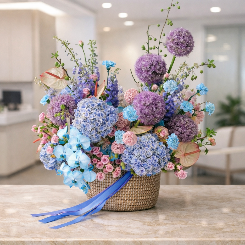 Bouquet of flowers in a woven basket on a marble surface with a modern interior background