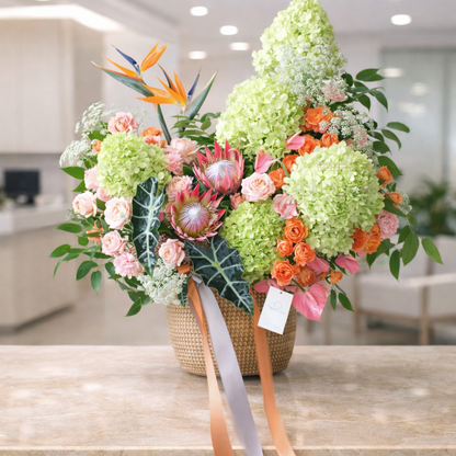 Bouquet of flowers on a marble surface with a blurred indoor background
