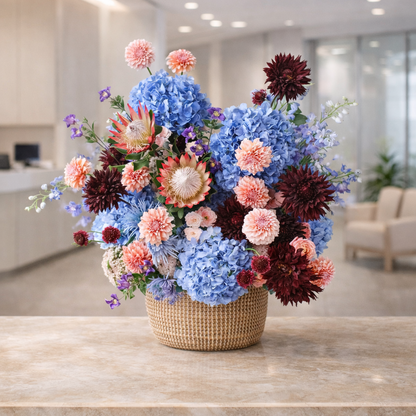 Luxury Blue Hydrangea & Protea Floral Basket – Elegant Designer Arrangement