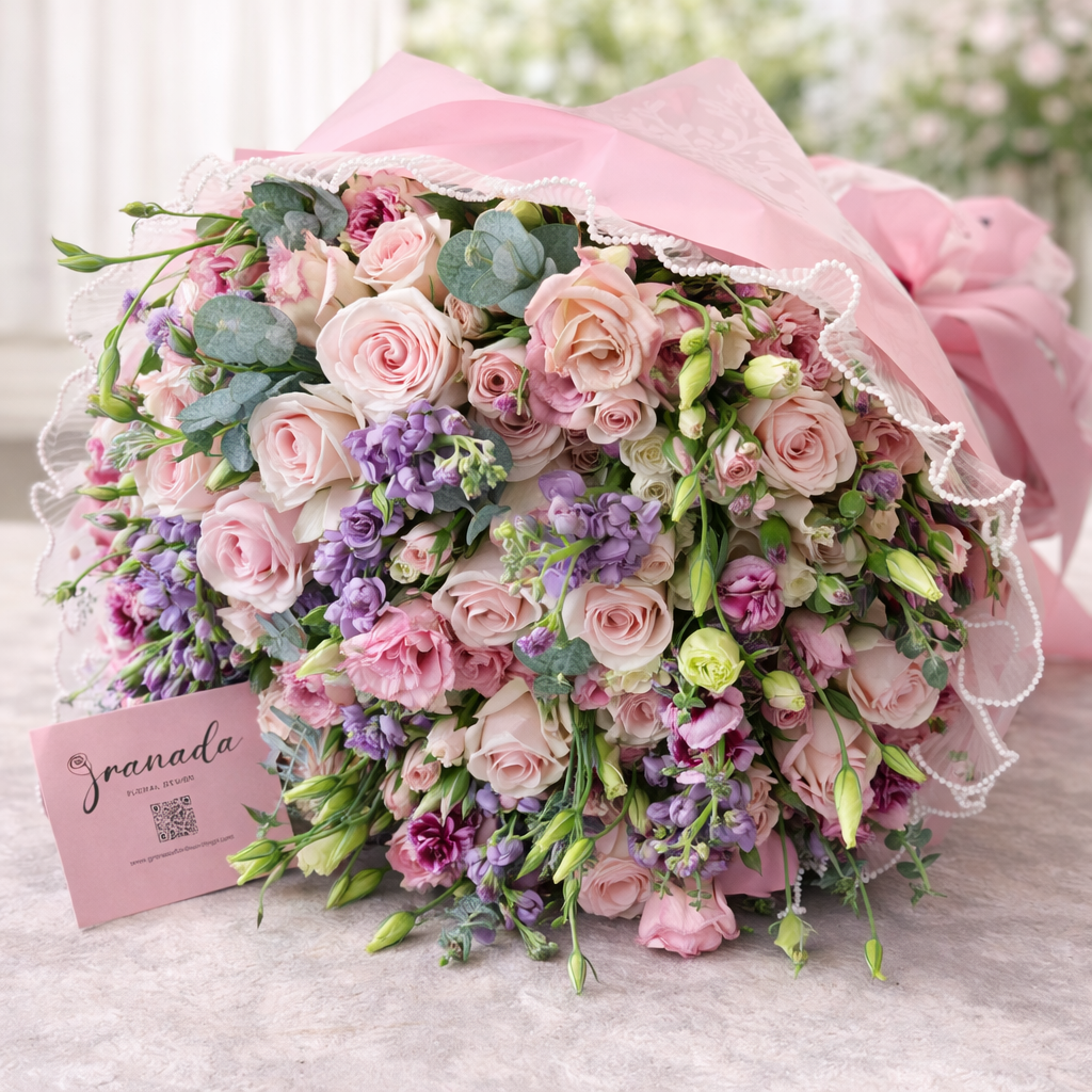 Bouquet of pink and purple flowers with a pink ribbon on a light surface, branded 'Jardnada'.