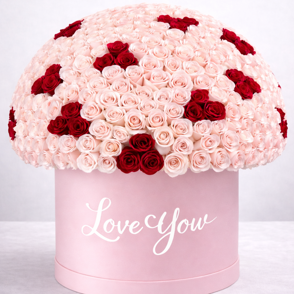 Pink and red rose arrangement in a box with 'Love You' text on a white background