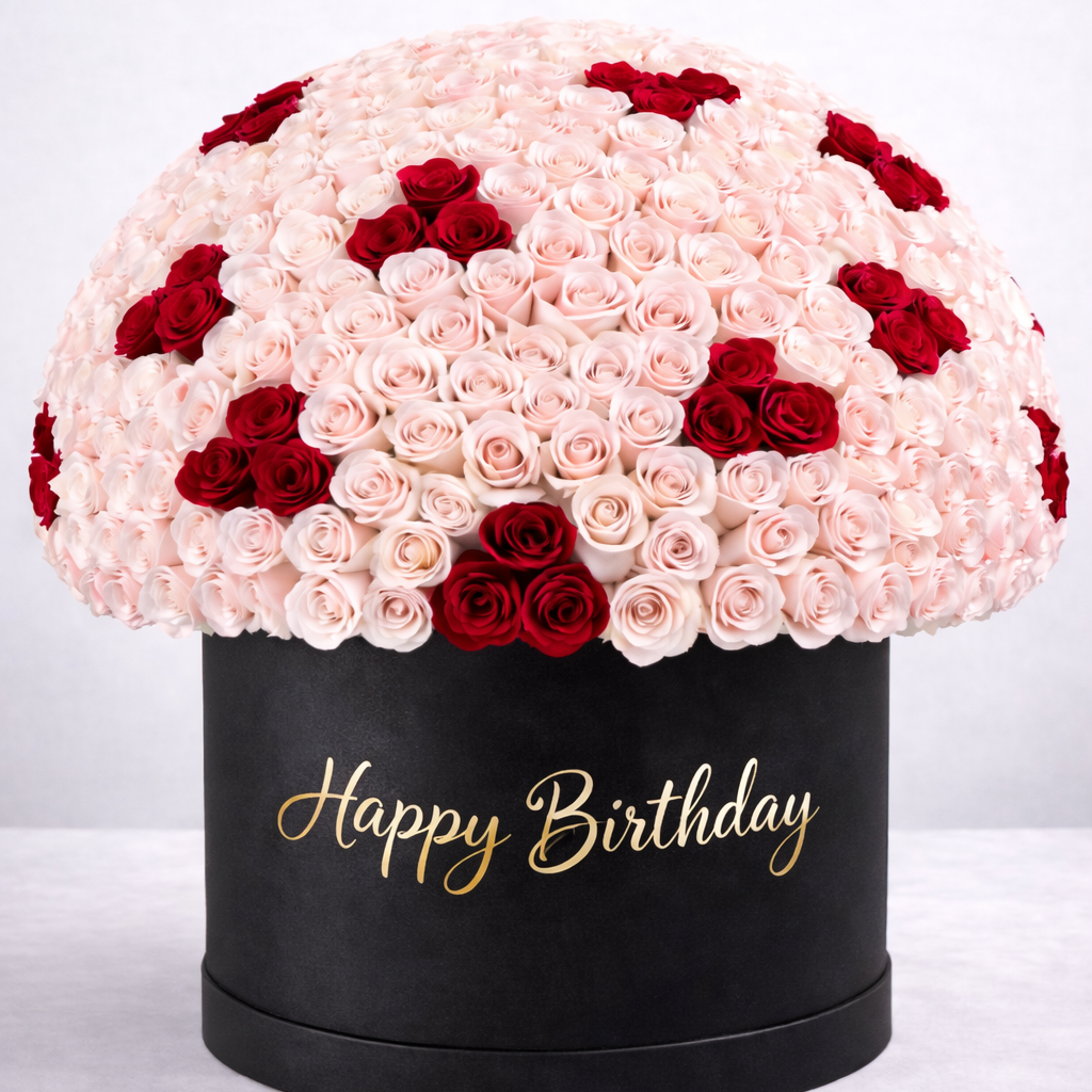 Black box with pink and red roses and 'Happy Birthday' text on a white background