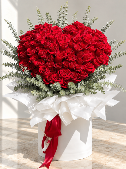 Red Rose Hatbox Arrangement with Eucalyptus