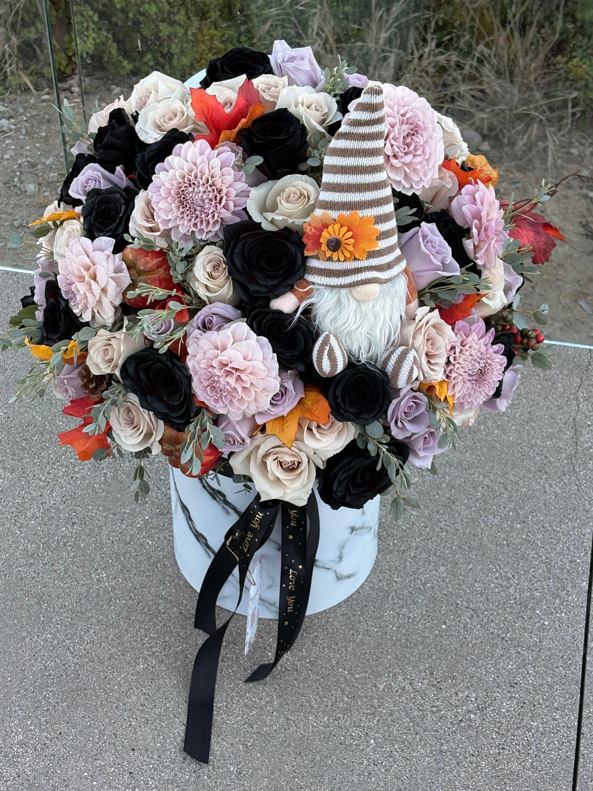 Midnight Harvest Gnome Flower Arrangement