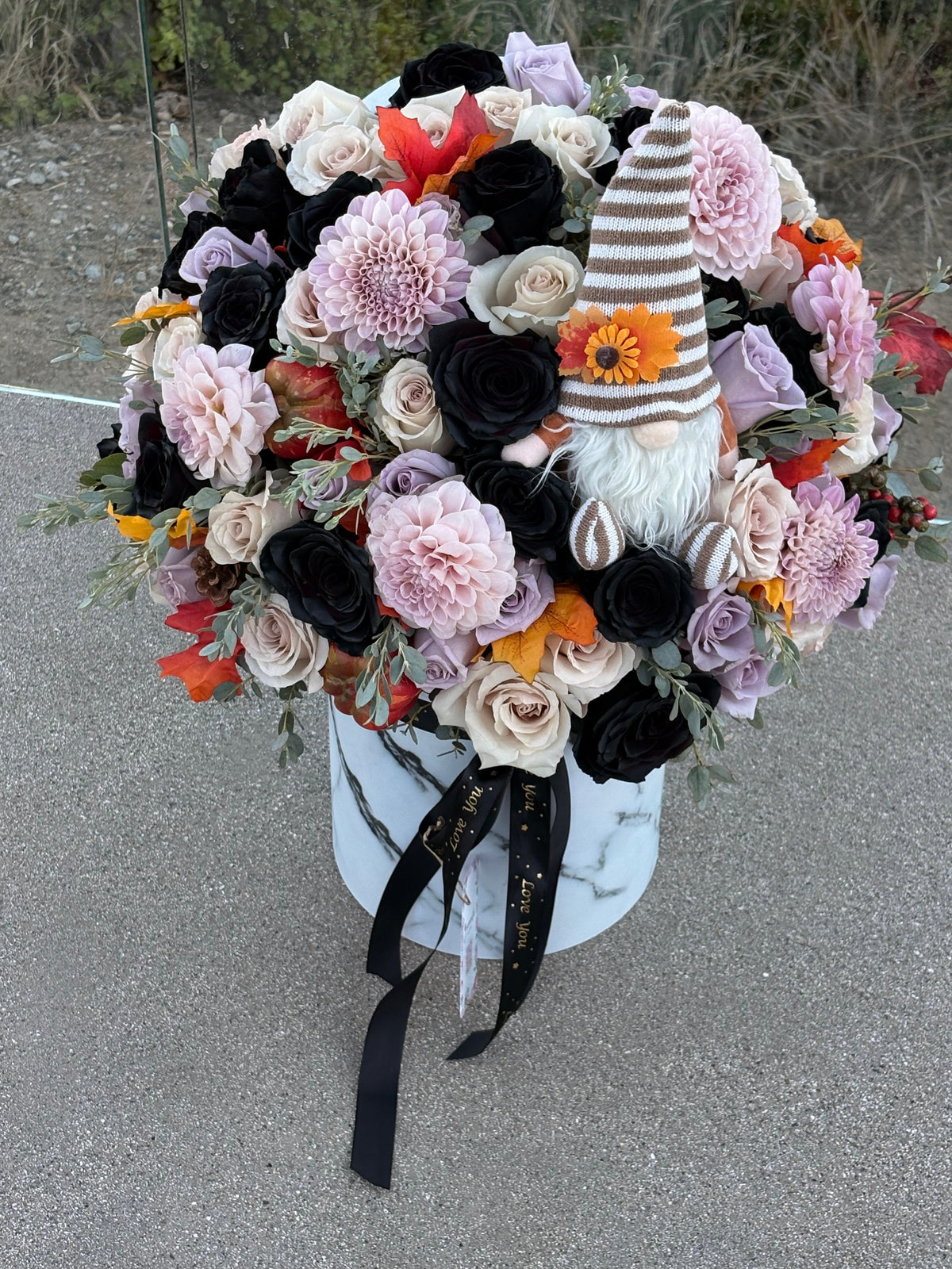 Midnight Harvest Gnome Flower Arrangement