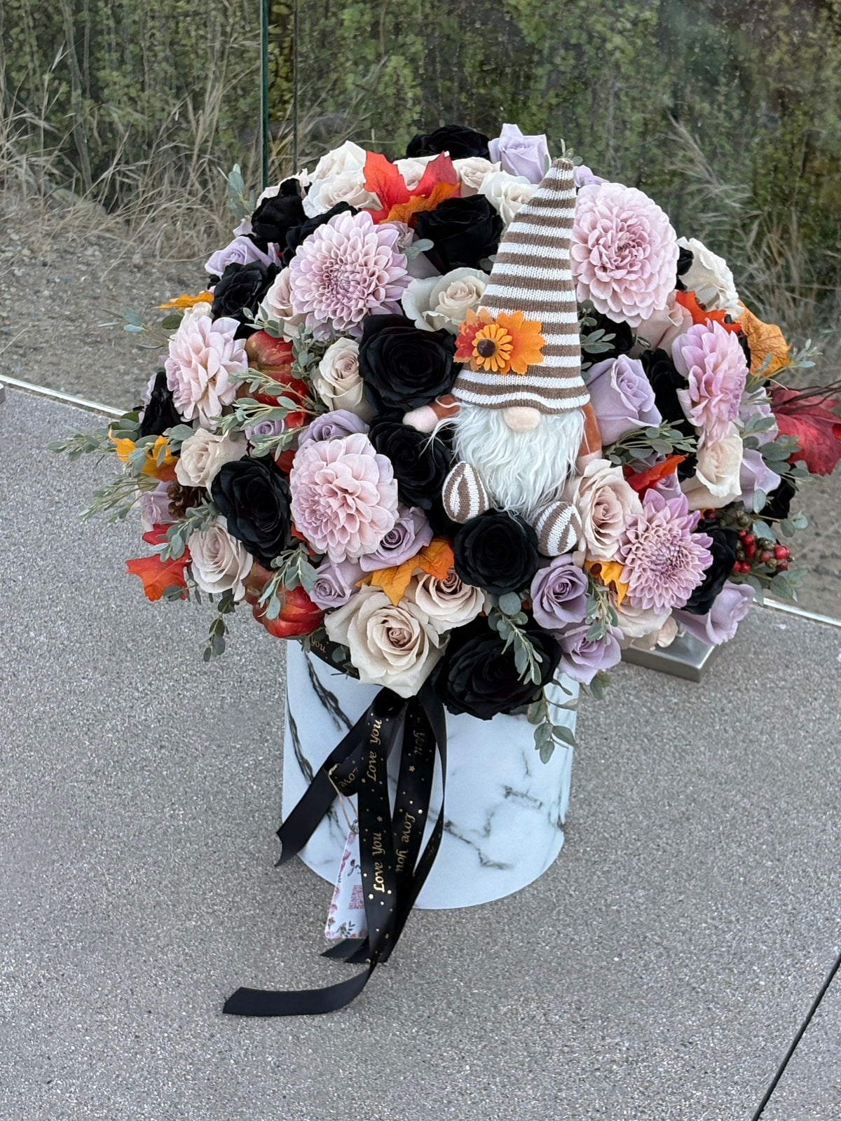 Midnight Harvest Gnome Flower Arrangement