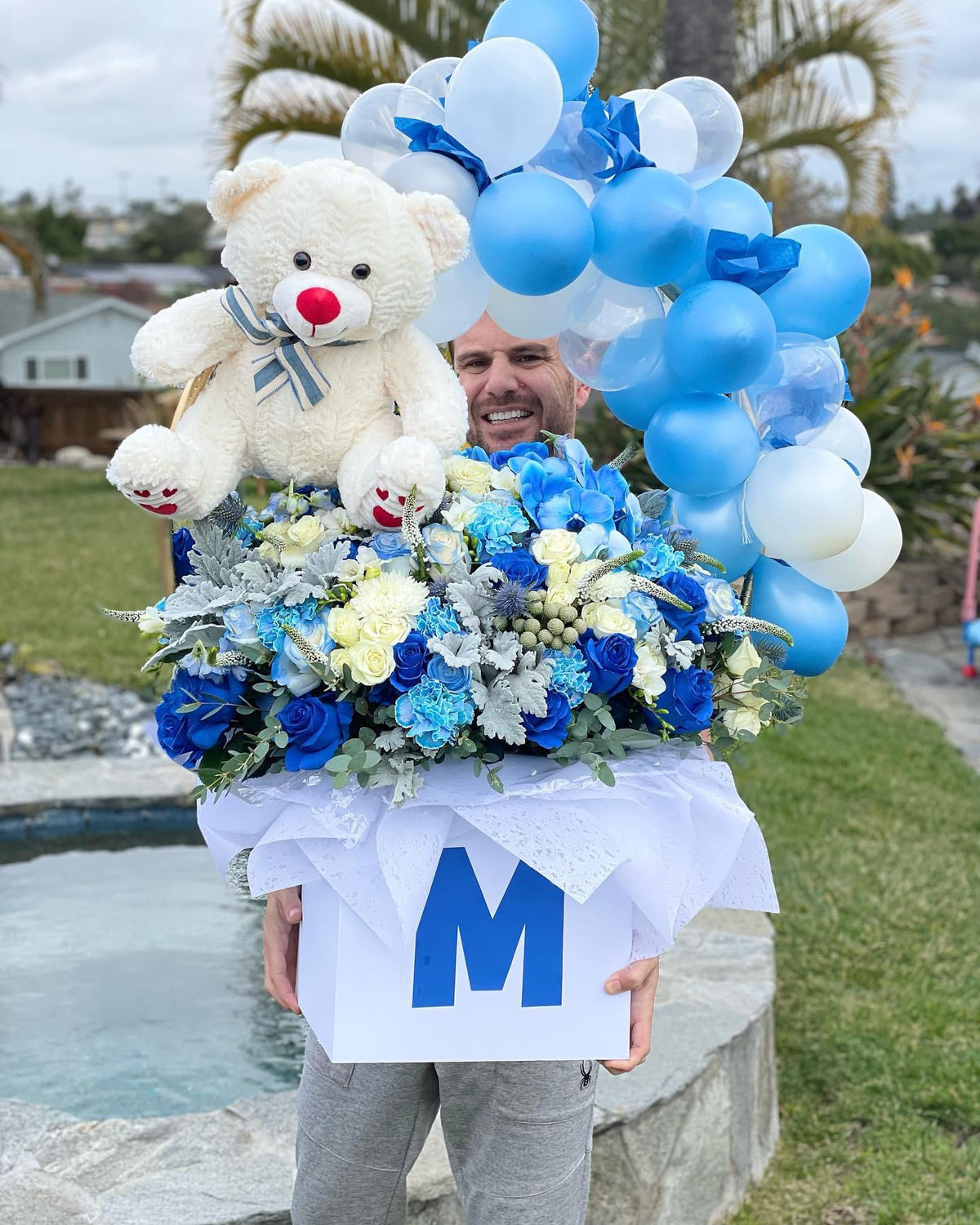 Blue luxury newborn flower box with teddy bear and balloon cluster Granada Floral San Diego