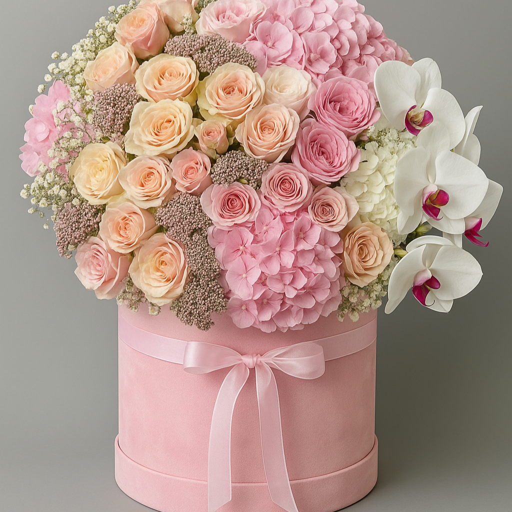 Luxury pastel flower box with roses and hydrangeas – Granada Floral San Diego