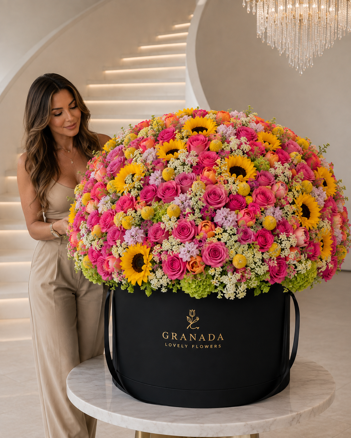 Large vibrant flower box with pink roses, sunflowers, orange tulips and mixed blooms in black Granada hatbox