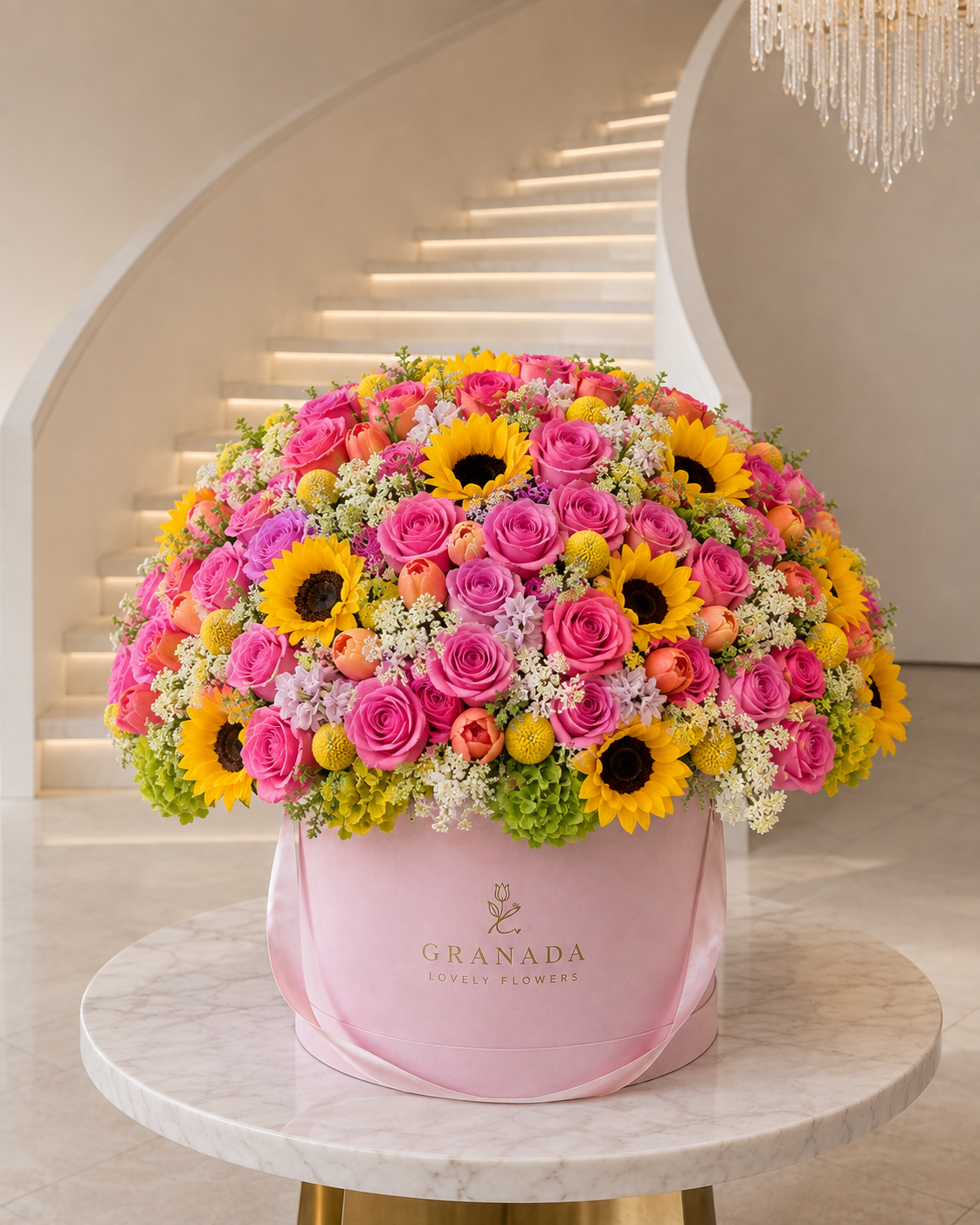 Vibrant garden flower box with pink roses, sunflowers and mixed blooms in pink Granada hatbox