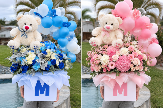 Blue and pink luxury baby welcome flower box versions with teddy bears and balloons