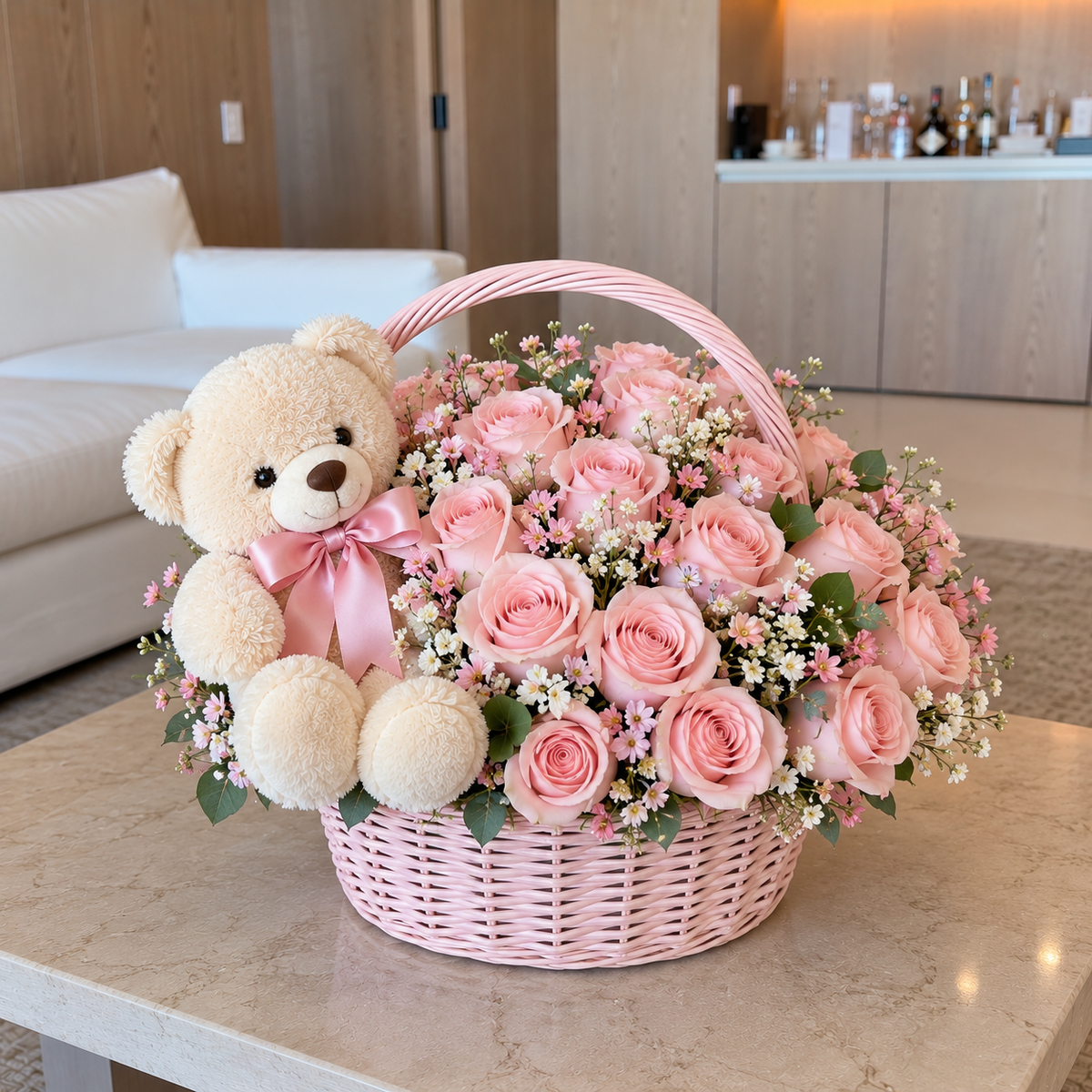 Standard pink baby welcome rose basket with teddy bear