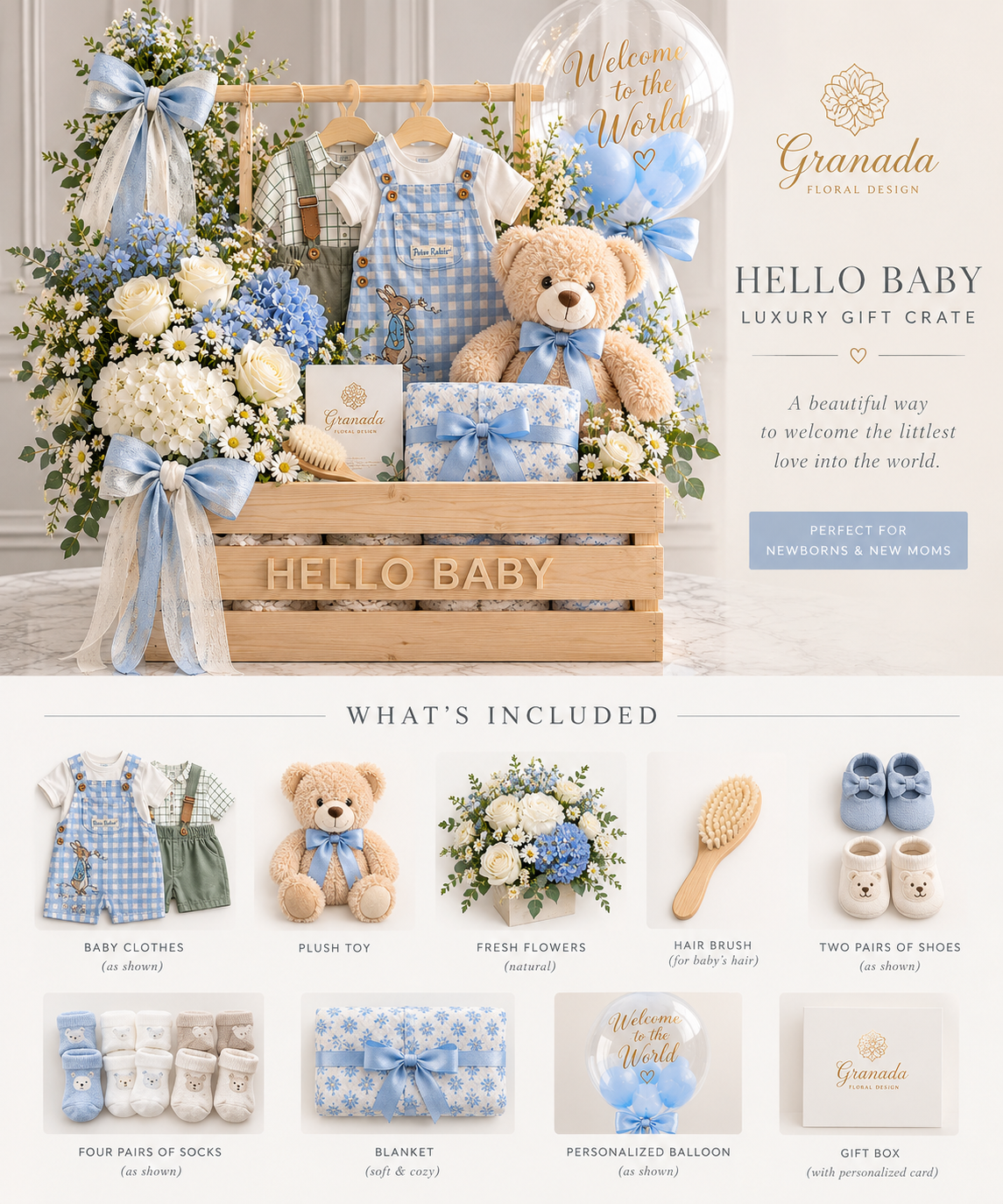 Hello Baby blue luxury gift crate contents infographic Granada Floral Design