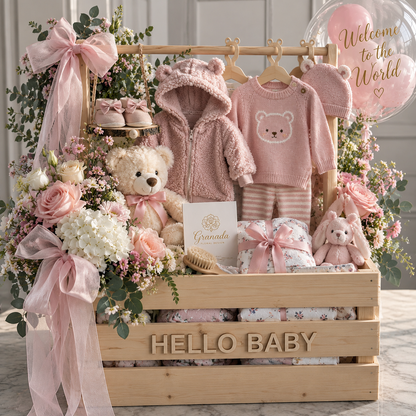 Luxury Hello Baby wooden gift crate with flowers baby clothing teddy bear and balloon