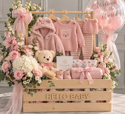 Pink Hello Baby gift crate with pink bear sweater and striped baby pants, flowers and teddy bear