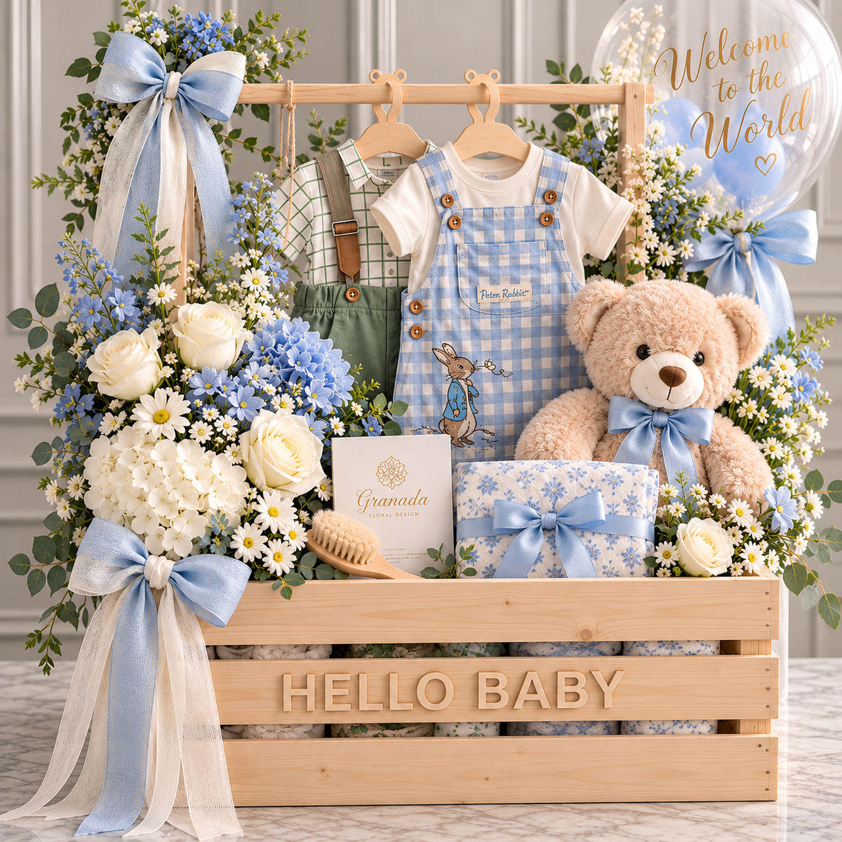 Baby Blue Hello Baby luxury wooden gift crate with flowers, teddy bear and Peter Rabbit outfits, without hat or sunglasses