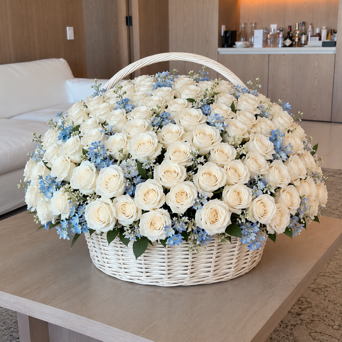 Large white rose basket with delicate blue flowers