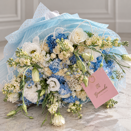 Blue and white pastel round cup bouquet for new baby Granada Floral Design San Diego