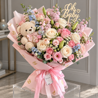 Pink Oh Baby bouquet with teddy bear