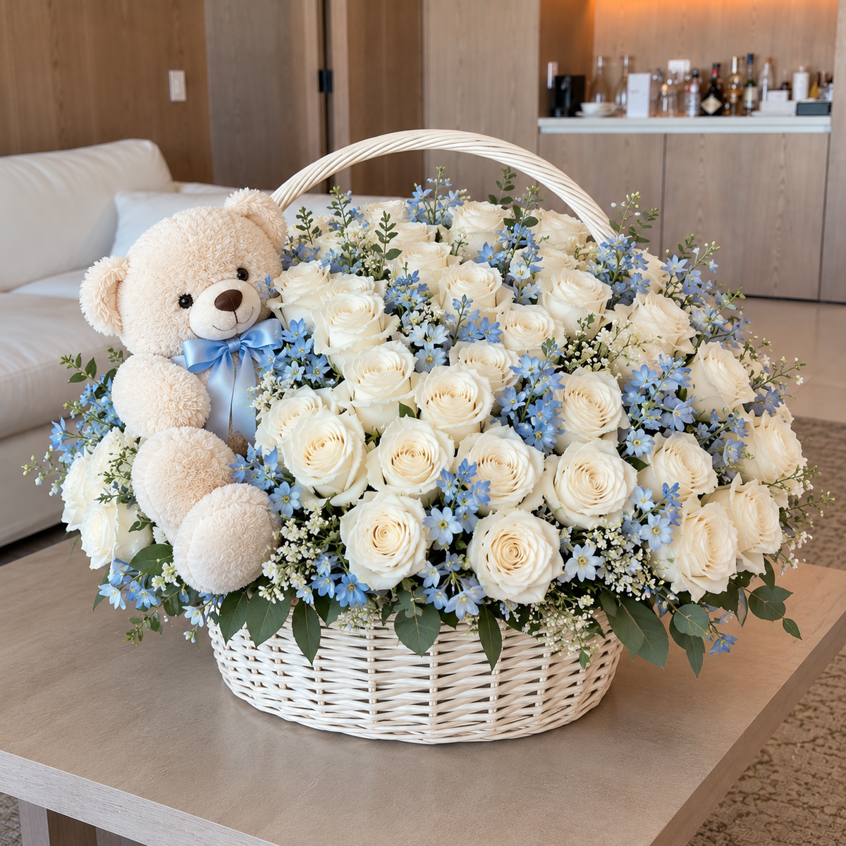White and blue baby welcome rose basket with teddy bear