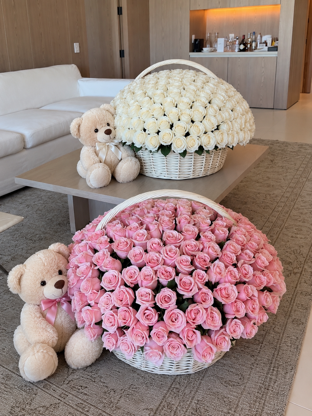 Pink and white floral baby baskets with teddy bears