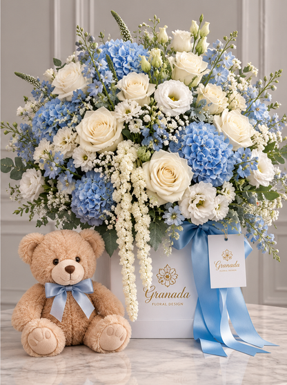 Blue and white baby welcome luxury floral box with teddy bear Granada San Diego